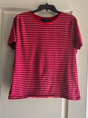 Tommy Hilfiger Women’s Red and White Striped Short Sleeve Tee